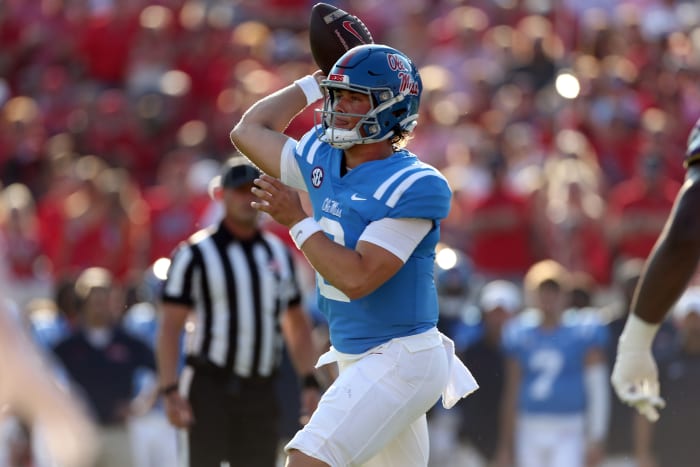 Ole Miss Rebels quarterback Jaxson Dart (2) throws a pass in the first half against the LSU Tigers at Vaught-Hemingway Stadium Saturday.